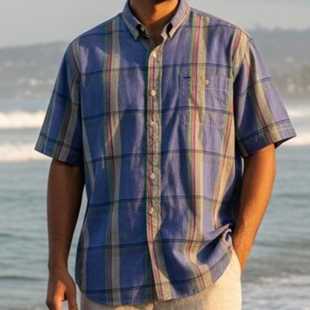 Vintage World Island Mens XL Short Sleeve Button Down Shirt Plaid Blue Cotton